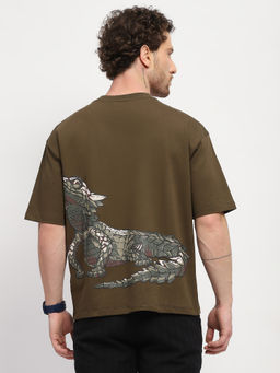 Global Republic - Cotton Blend Printed Crew Neck Men Olive T-Shirt