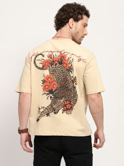 Global Republic - Cotton Printed Crew Neck Men Beige T-Shirt