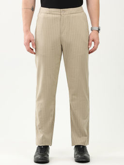 Global Republic - Men Beige Linen Blend Stripes Straight Trouser