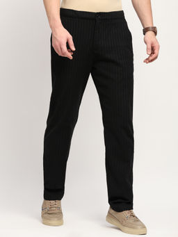 Global Republic - Men Black Linen Blend Stripes Straight Trouser