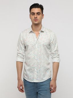 Crocodile - Floral Printed Spread Collar Cotton White Casual Shirt