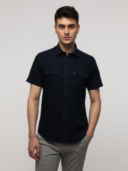 Crocodile - Indigo Navy Blue Washed Dual Pocket Half Sleeve Shirt