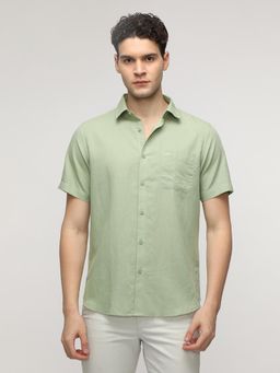 Crocodile - Green Linen Blend Plain Shirt