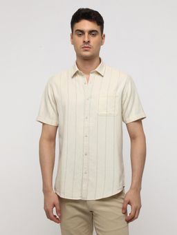 Crocodile - Ecru Beige Cotton Stripe Textured Shirt