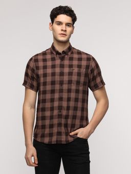 Crocodile - Cork Viscose Blend Checks Half Sleeve Brown Shirt