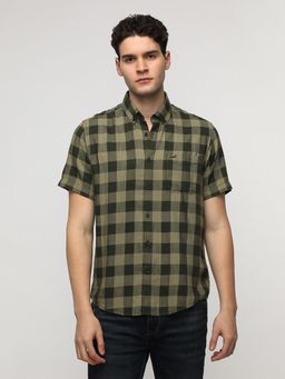 Crocodile - Green Viscose Blend Checks Half Sleeve Shirt