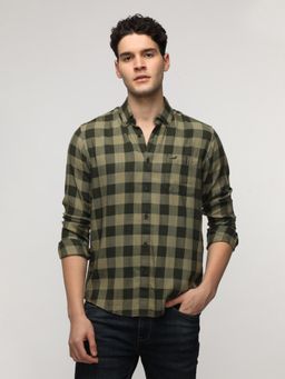 Crocodile - Green Viscose Blend Checks Shirt