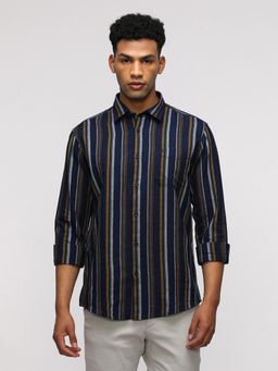 Crocodile - Full Sleeve Indigo Navy Blue Striped Shirt for Classic Elegance