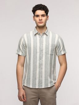 Crocodile - Half Sleeve White & Green Striped Shirt for Trendy Wear
