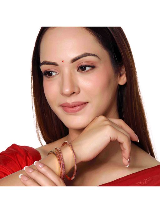Yellow Chimes Set of 4 Red Gold-Plated American Diamond Studded Bangles