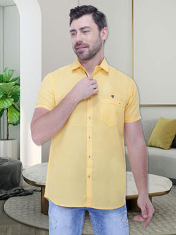 KUONS AVENUE - Mens Linen Blend Half Sleeve Casual Shirt Yellow