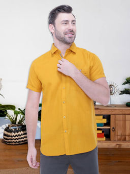 KUONS AVENUE - Mens Linen Blend Half Sleeve Casual Shirt Mustard