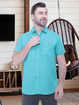 KUONS AVENUE - Mens Linen Blend Half Sleeve Casual Shirt Blue