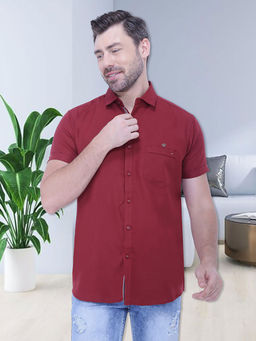 KUONS AVENUE - Mens Linen Blend Half Sleeve Casual Shirt Burgundy