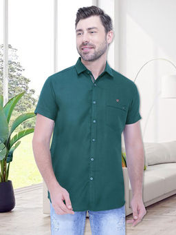 KUONS AVENUE - Mens Linen Blend Half Sleeve Casual Shirt Green