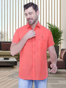 KUONS AVENUE - Mens Linen Blend Half Sleeve Casual Shirt Orange