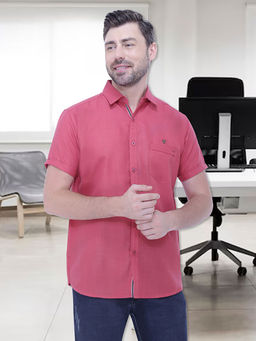 KUONS AVENUE - Mens Linen Blend Half Sleeve Casual Shirt Pink