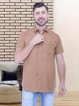 KUONS AVENUE - Mens Linen Blend Half Sleeve Casual Shirt Brown