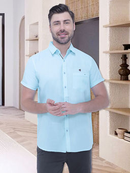 KUONS AVENUE - Mens Linen Blend Half Sleeve Casual Shirt Blue