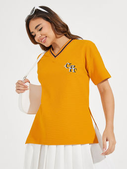 Styli Elevate - Women Mustard Oversized Contrast T-Shirt