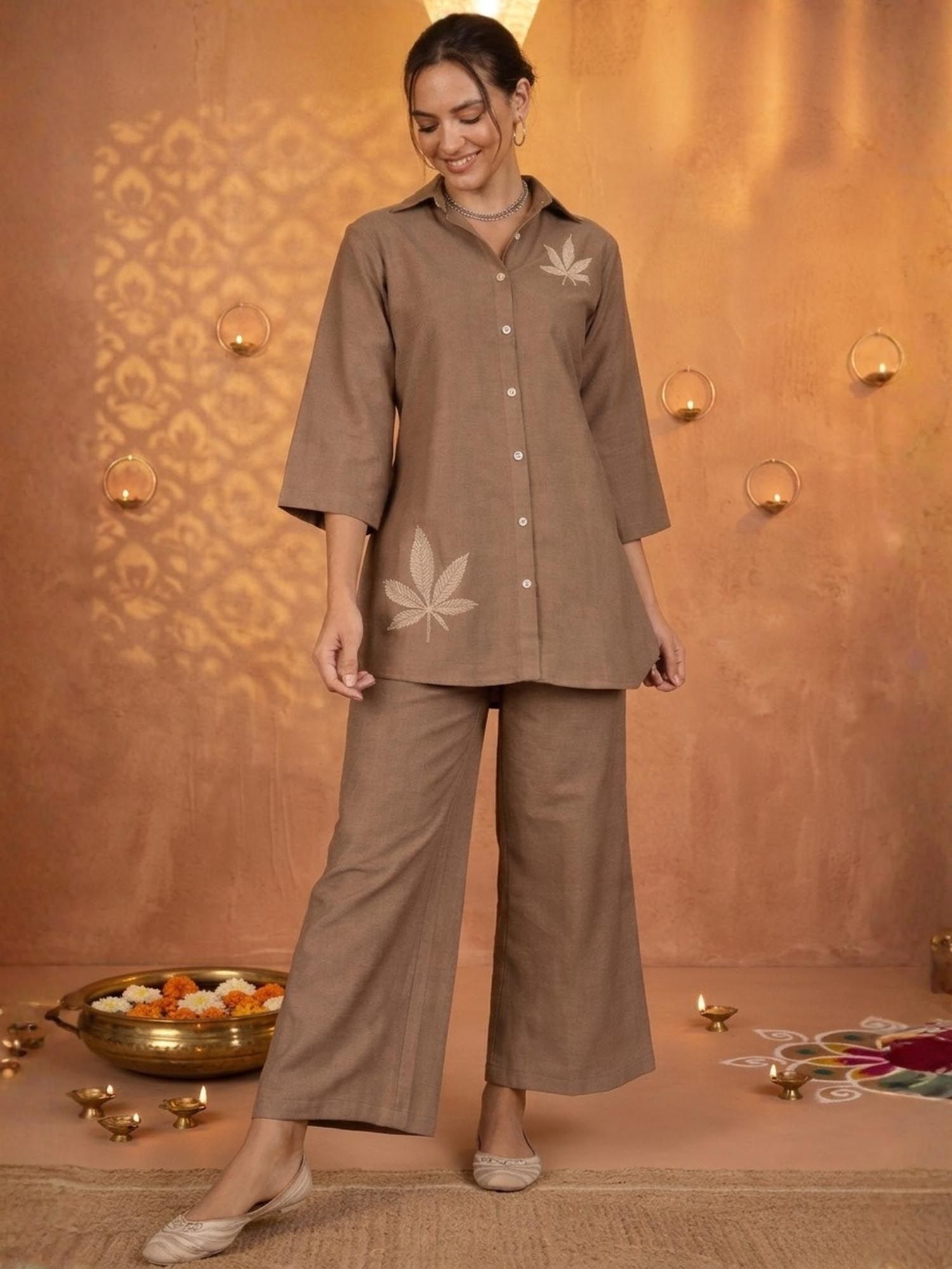 Women Brown Leaf Embroidered Co-Ord Set-image-31