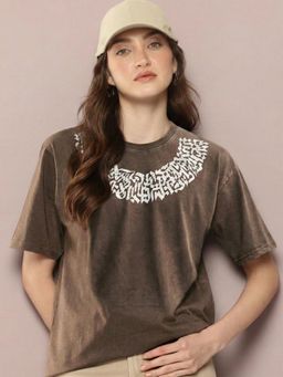 RHINO CULT - Women Neck Band Scriptured Oversized T-Shirt