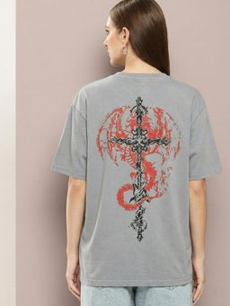 RHINO CULT - Grey Gothic Dragin Printed T-Shirt