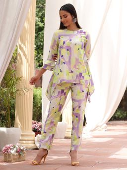 Beatnik - Lime and Purple Printed High-Low Hem Co-Ord Set