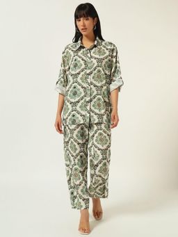 Beatnik - Green and White Floral Printed Roll-Up Sleeves Co-Ord Set