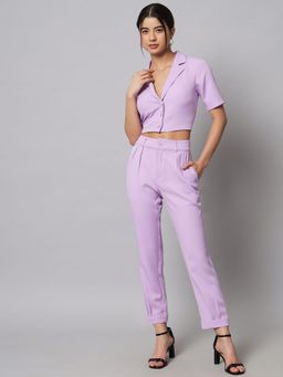 Beatnik - Lavender Solid Lapel Collar Crop Top Co-Ord Set