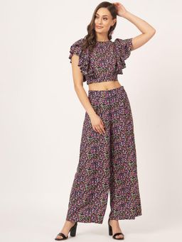 Beatnik - Multi-Color Ruffled Printed Crop Co-Ord Set