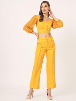 Beatnik - Yellow Solid Crop Top Puff Sleeve Co-Ord Set
