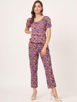 Beatnik - Peach and Blue Puff Sleeves Printed Co-Ord Set