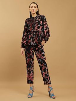 Beatnik - Black and Pink Floral Printed Smocked Co-Ord Set