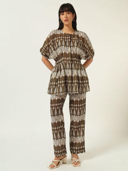 Beatnik - Green and White Cinched Waist Printed Co-Ord Set