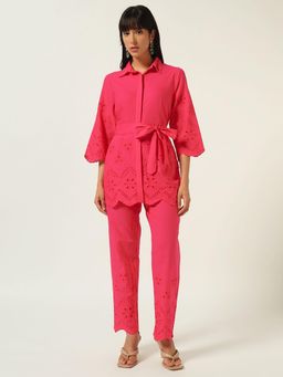 Beatnik - Pink Solid Schiffli Co-Ord Set with Belt