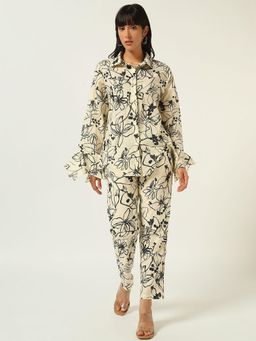 Beatnik - Off White and Black Floral Printed Bell Sleeve Co-Ord Set