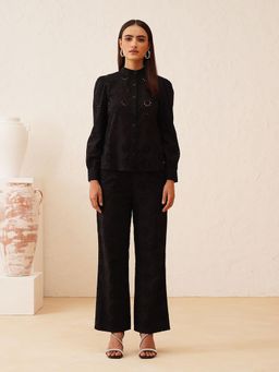 Beatnik - Black High Neck Puff Sleeve Schiffli Co-Ord Set