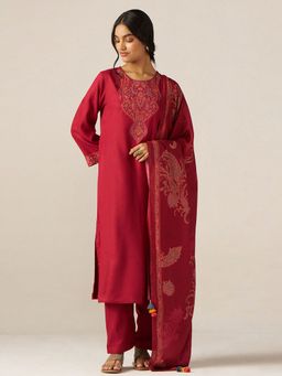 Ganga Fashions - Garnet Red Pashmina Kurta with Pant & Dupatta (Set of 3)