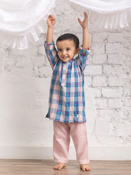 Rattle And Co - Boys Checks Kurta with Pyjama and Fabric Drawstring Bag (Set of 3)