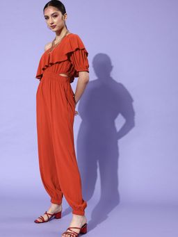 KASSUALLY - Rust One-Shoulder Basic Jumpsuit