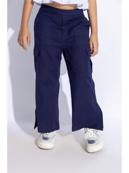 Taffy - Cotton Lycra Solid Side Slit Cargo Pants-Navy Blue