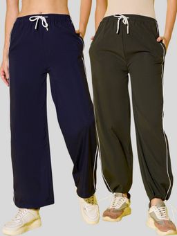 Buynewtrend - Multicolor Women Drawstring Dual Contrast Piping Trackpants (Pack of 2)