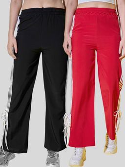 Buynewtrend - Women Multicolor Side Stripes and Tie Detail Trackpants (Pack of 2)