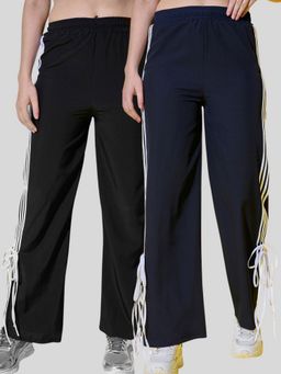 Buynewtrend - Women Multicolor Side Stripes and Tie Detail Trackpants (Pack of 2)