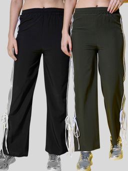 Buynewtrend - Women Multicolor Side Stripes and Tie Detail Trackpants (Pack of 2)