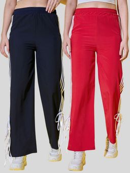 Buynewtrend - Women Multicolor Side Stripes and Tie Detail Trackpants (Pack of 2)
