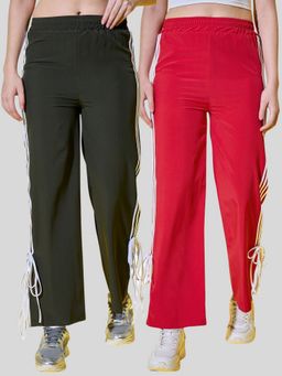 Buynewtrend - Women Multicolor Side Stripes and Tie Detail Trackpants (Pack of 2)