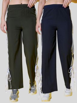 Buynewtrend - Women Multicolor Side Stripes and Tie Detail Trackpants (Pack of 2)