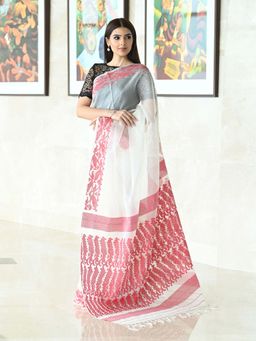 Beatitude - White and Red Handwoven Silk Jamdani Saree without Blouse